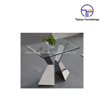 Simple style clear glass top table stainless steel x base sofa end table