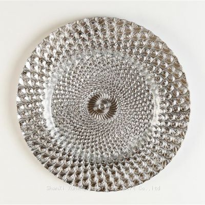 13 Inch Wholesale Tableware Silver Colored Peacock Glass Charger Plate For Restaurant Dinner Tray Dish Wedding Sets