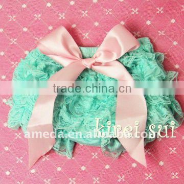 Aqua Blue Lace Panties Bloomers with Light Pink Bow RB8B6