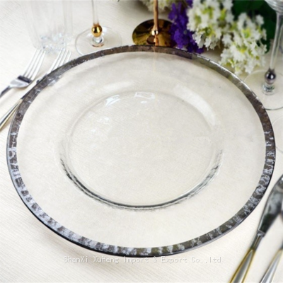 13-inch Clear Glass Round Hammered Charger Plates With Silver Rimmed for Weddings Churches Restaurants and Events