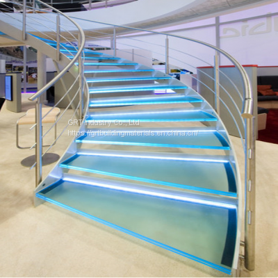 Arc / curved staircase with blue glass steps stainless steel stringer rod railing with LED light glass stair