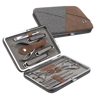 Professional Stainless Steel Manicure Set Men Grooming 11 in 1 with Luxurious PU Travel Case