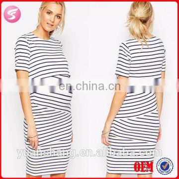 High Quality Maternity Nursing Double Layer Bodycon Dress In Stripe With Short Sleeve