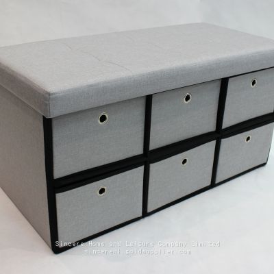 Linen Ottoman with 6 Drawers