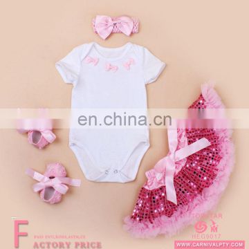 Fashion 2017 cotton wholesale lovely baby girls plain dresses +t-shirt+headband +shoes