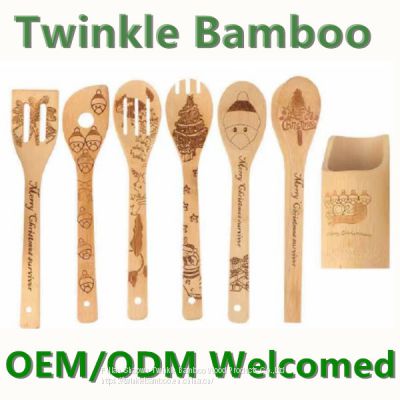 Wholesale bamboo cooking tool engraved bamboo utensil set burned with bambu holder