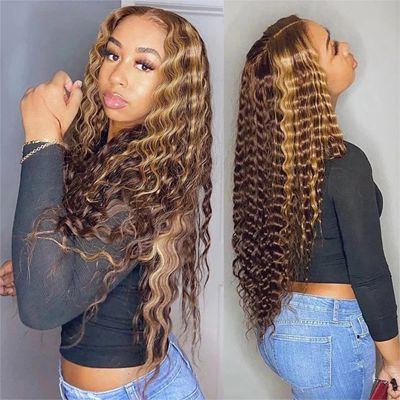 Highlight Wig Human Hair 13X4 kinly curly Frontal Wig P4/27 Honey Blonde Highlighted Lace Frontal Wigs For Women