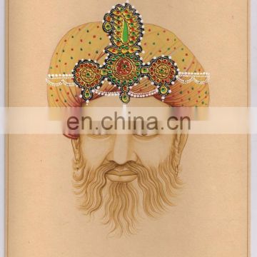 Rajpoot King Miniature Painting With Gold Work Turban Man Handmade Water Color Painting