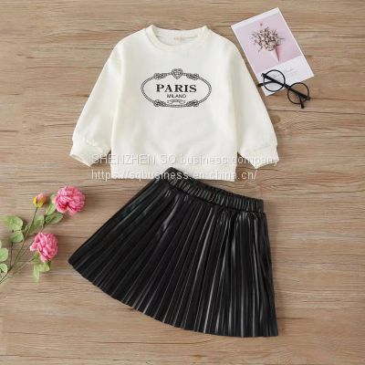 Kids Clothing Round Collar Letter Printed Hoodie Pleated Leather Skirt Children's Suit Baby Girls Long Sleeve Spring