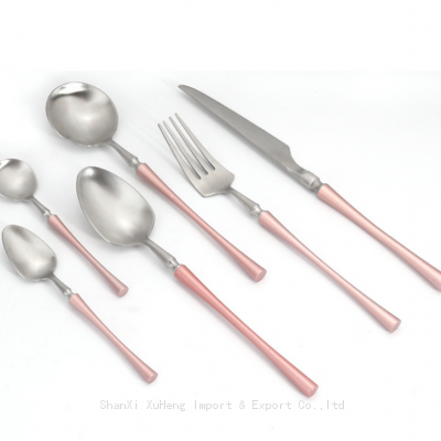 Set of 6 Pieces Matte Silver Knife Fork Spoon Cutlery Set With Pink Handle For Wedding Tableware