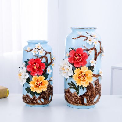 Applique Color Paint Hand Made Chinese Jingdezhen Blue Ceramic Vase For Home Decor