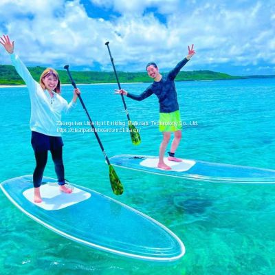 Thermoformed polycarbonate material clear paddle board with leash and paddle for water sport adventure and tour