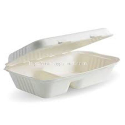 Bagasse 2 compartment sugarcane compostable Clamshell Hinged Food Box 1000ml