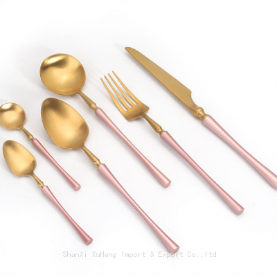 Set of 6 Pieces Matte Gold Knife Fork Spoon Cutlery Set With Pink Handle For Wedding Tableware