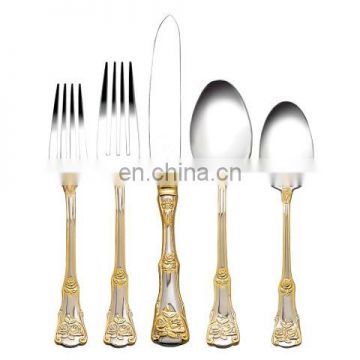 Wholesale 5 Pieces stainless steel cutlery set with engraved pattern Golden handle