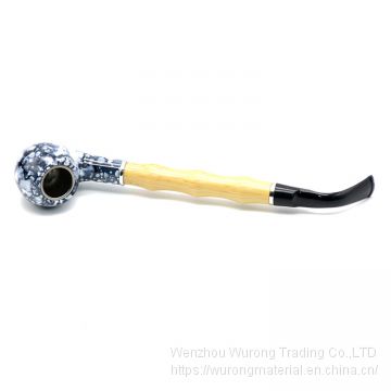 235mm Length wooden resin medium tobacco pipe with small porcelain head and bamboo joint  tube for smoking