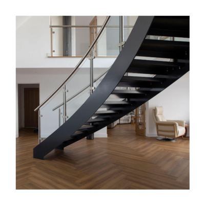 Custom indoor solid wood curved staircase wood step glass rails