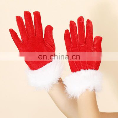 Fashion Style Party Decoration Women Ladies Teen Short Gold Velvet Santa White Fur Mouth Red Christmas Gloves
