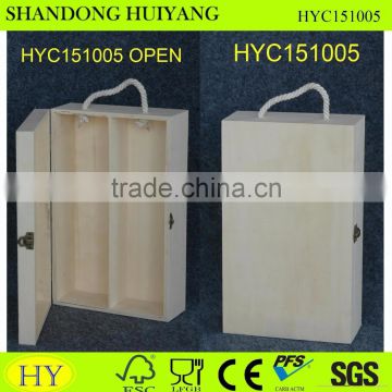 Unfinished wooden wine box with handle wood packing box of 2 bottle