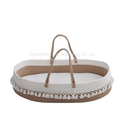 Cotton Rope Baby Changing Basket, Moses Basket Boho Nursery Decor Cotton Rope Changing Table Topper with Thick Cotton Foam Pad and Removable Waterproof Bamboo Mattress Cover