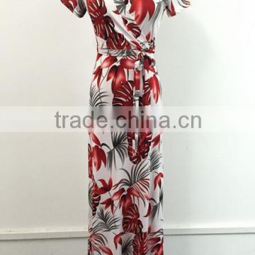Summer Sexy Package Hip Maxi V-neck Short Sleeve Printed Long Dress With Belt Women Dress