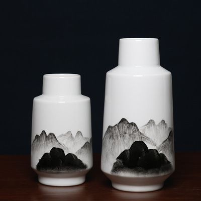 New Chinese Modern Ink Wash Painting Hand Made White Ceramic Flower Vase For TV Bench