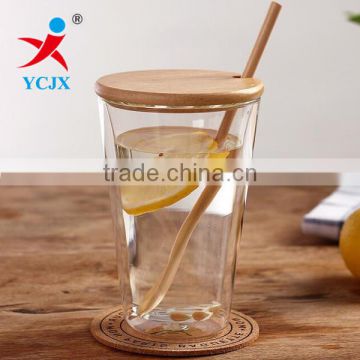 STRAIGHT CLEAR DOUBLE LAYER GLASS WATER CUPS WITH BAMBOO LID