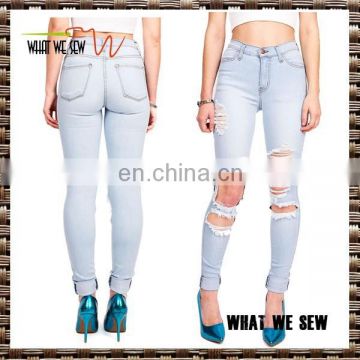 womens light blue acid wash jeans with holes/ fashiion womens jeans 2017