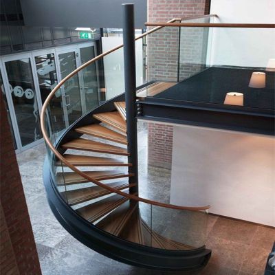 Custom Indoor stair wood step glass railing balustrade spiral staircase