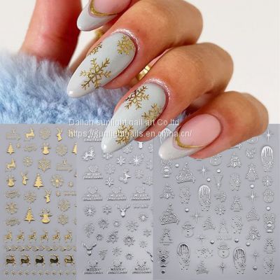 Wholesale of Halloween nail stickers, gold and silver plated, mirror shaped snowflake elk inset style back glue nail stickers