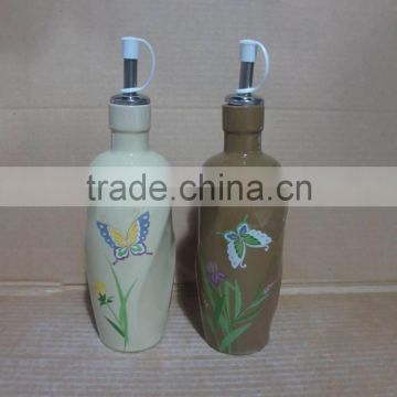 ceramic cream brown glaze flower design oil olive and vinegar bottle set
