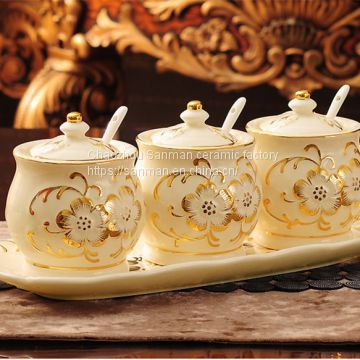 China factory hand painted golden design ceramic 4 pcs luxury round shape spic jar with ceramic plate saucer in kitchen