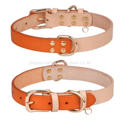 Factory supplying Contrasting calfskin leather dog collars with gold name plate personalized