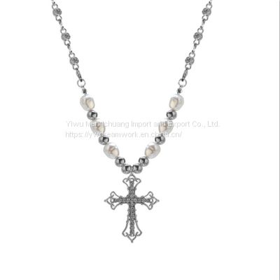 Diamond Cross Pendant Necklace Cross Necklace for men Rhinestone Pearl Cross Necklace Bling Cross Necklace for Women Pearl and Rhinestone Cross Necklace