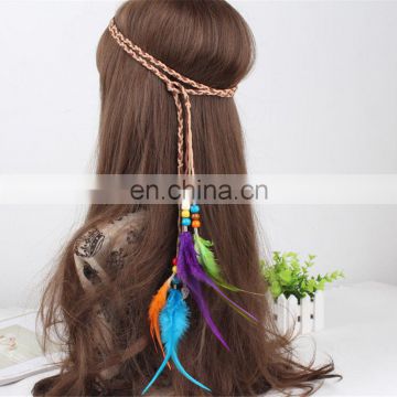 Boho Indian Feather Headband Headdress Tribal Hair Rope Headpieces Hippie Party