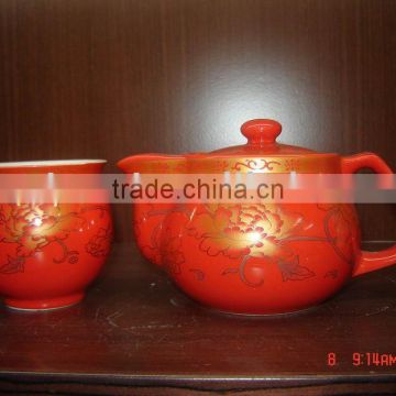 porcelain tea kettle and porcelain cup-red glazed
