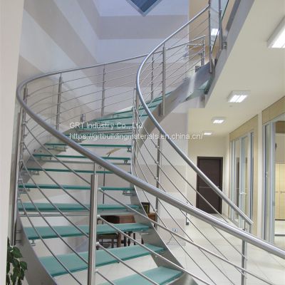 Arc / curved staircase with blue glass steps stainless steel stringer rod railing glass stair
