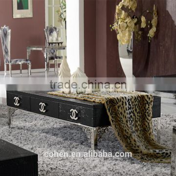 2015 new arrival stainless steel legs black crocodile pu covering center coffee table
