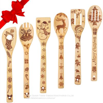 Christmas kitchen bamboo utensils set burned/Xmas bamboo cooking spatula spoon set