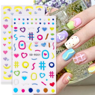 Nail Enhancement New Relief Soft Candy Adhesive Sticker Cartoon Cute 3D Colorful Letter Love Line Handdrawn Nail Sticker