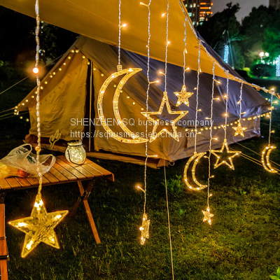 moon star curtain string lights 8 mode solar power wedding decorate lighting warm white led fairy lights with remote for holiday