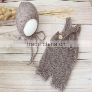 Crochet mohair ruffle romper Newborn hooded romper Handmade knitted baby pant photography props Crochet bonnet and pant set
