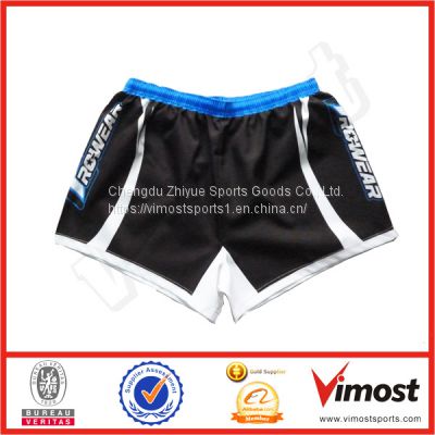 Sublimated Black and White Rugby Shorts of Blue Elastic on the Waist