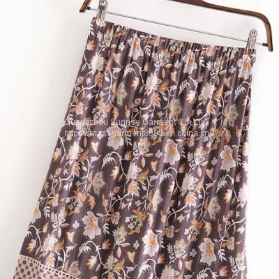 Wholesales Summer Half-length Skirt Retro Rayon Placement Printing 100% Rayon Cotton Tassel Elastic Waist Long Skirt Female