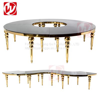 Luxury Black Serpentine Table Mirror Glass S Shape Banquet Hall Table Wedding Gold Stainless Steel Dining Table