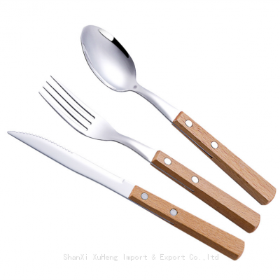 Outdoor Camping Wooden Handle Cutlery 304 Stainless Steel Cutlery Sets Knife Spoon Fork