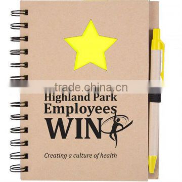 Spiral hard kraft paper cover recycle notebook with pen