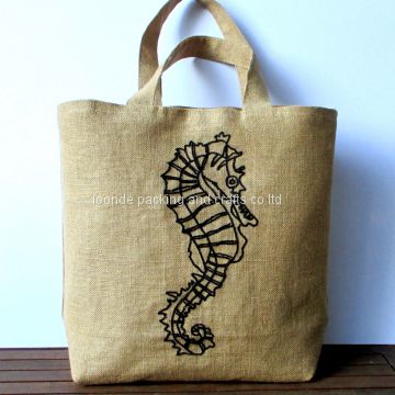 Large summer embroidered jute tote bag, hand embroidered