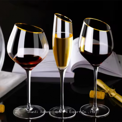 Wholesale Long Stem Beveled Red Wine Glass With Gold Rim Champagne Flutes For Wedding