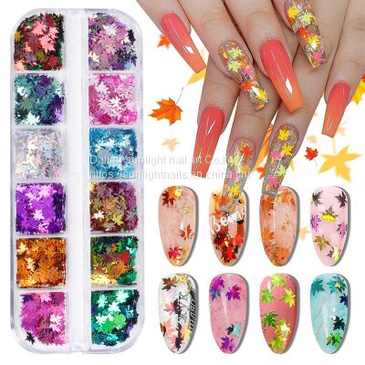 Hot Nail Enhancement Maple Leaf Sequins Autumn Net Red Fantasy Color Gradient Maple Leaf Thin Patch Nail Thanksgiving Nail